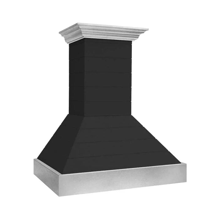 ZLINE Wooden Wall Mount Range Hood Rustic Shiplap Black Finish, Stainless Steel Accents 365CC-3009K