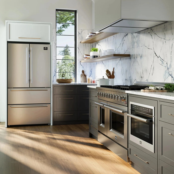 Forno Appliance Package - 48" Gas Range, Wall Mount Range Hood, 60" Refrigerator FBDL-018-02US09K