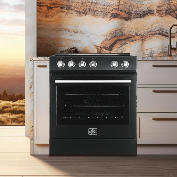 Forno Espresso Package - 30" Electric Range, Range Hood, Refrigerator and Dishwasher in Black with Silver Handles, FBDL-006-02US09K