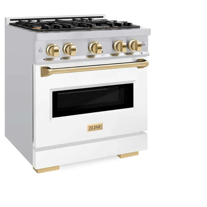 ZLINE 30" Classic Gas Range, Convection Gas Oven Stainless Steel, White Matte Door Polished Gold CGRZ-WM-30-G09K