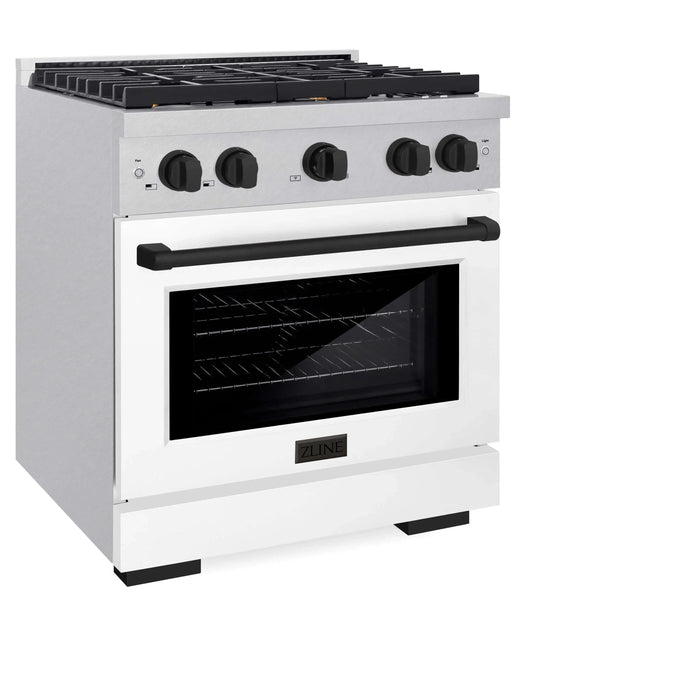 ZLINE 30"Paramount Dual Fuel Range DuraSnow® White Matte, Matte Black SDRSZ-WM-30-MB09K