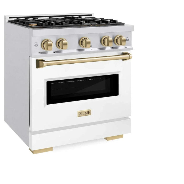 ZLINE 30" Dual Fuel Range, Gas Cooktop, Electric Convection Oven DuraSnow® Stainless Steel, White Matte Door, Champagne Bronze CDRSZ-WM-30-CB09K