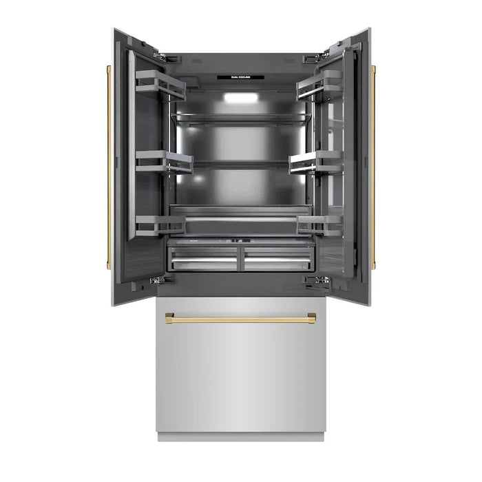 ZLINE 36" Built-In Bottom Freezer Refrigerator with Water Dispenser, Ice Maker, Stainless Steel, Graphite Gray Interior, Polished Gold GRBIVZ-304-36G09K