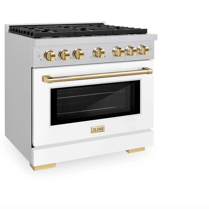 ZLINE 36"Paramount Dual Fuel Range DuraSnow® White Matte, Gold SDRSZ-WM-36-G09K