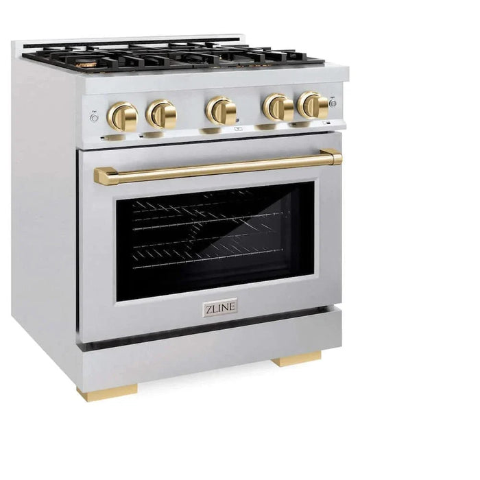 ZLINE 30" Select Dual Fuel Range Gas Cooktop Electric Convection Oven DuraSnow® Stainless Steel Gold HDRSZ-30-G09K