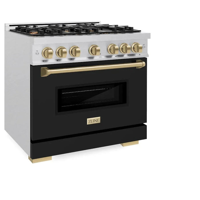 ZLINE 36"Classic Gas Range, Convection Gas Oven, DuraSnow® Stainless Steel, Black Matte Door Champagne Bronze CGRSZ-BLM-36-CB09K