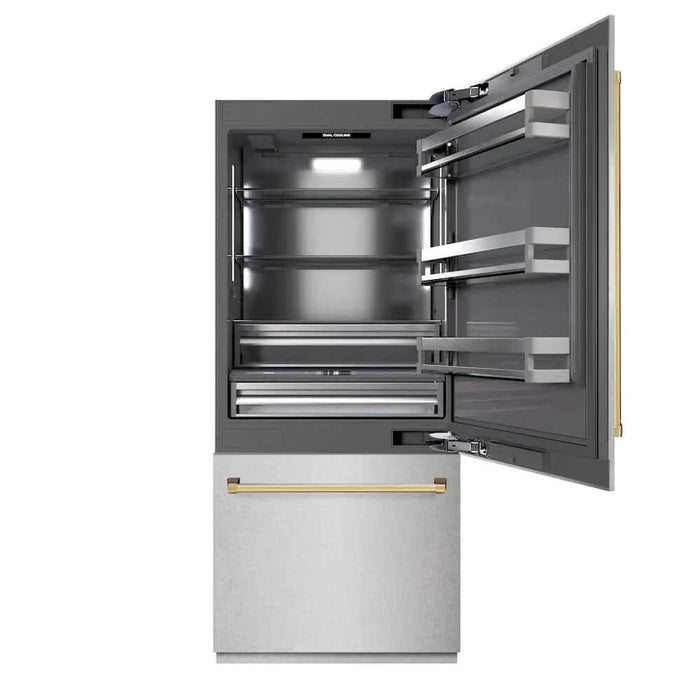 ZLINE 36" Built-In Bottom Freezer Refrigerator,Water Dispenser, Ice Maker, DuraSnow® Stainless Steel Graphite Gray Polished Gold GRBITZ-SN-36-G09K