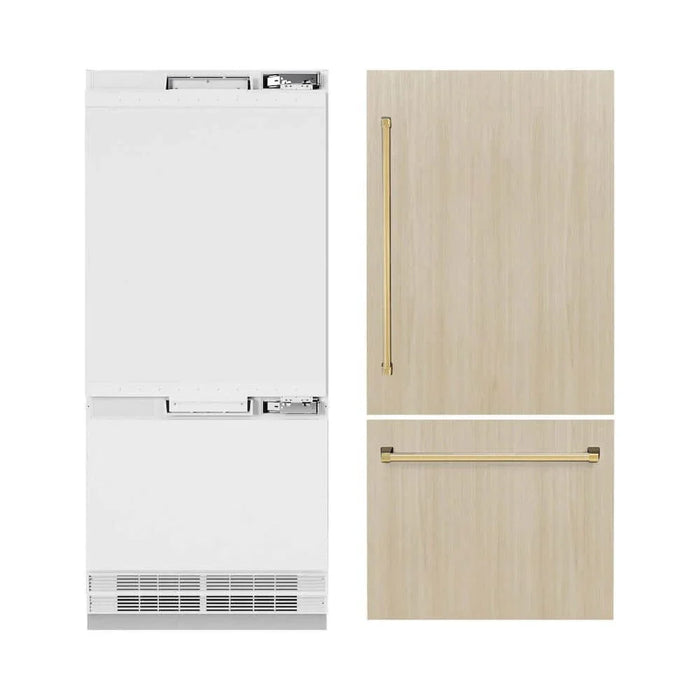 ZLINE 36" Panel Ready Built-In Bottom Freezer Refrigerator,Water Dispenser, Ice Maker, Polished Gold RBITZ-36-G09K