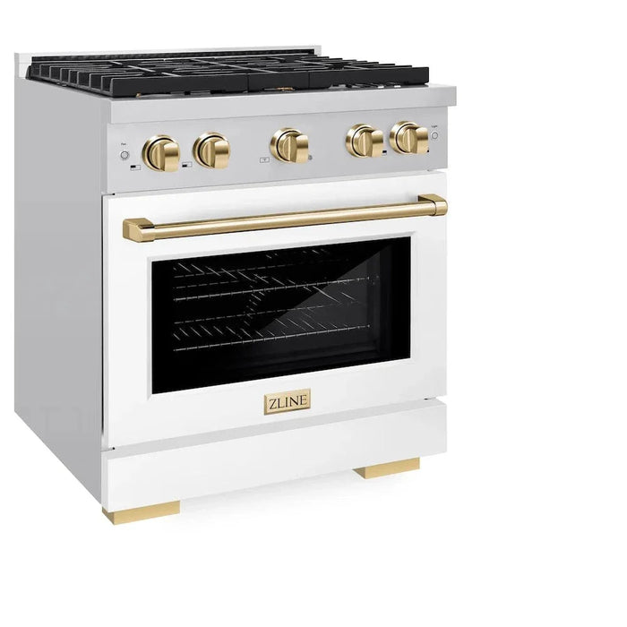 ZLINE 30"Gas Range, Convection Oven White Matte, Polished Gold, SGRZ-WM-30-G09K