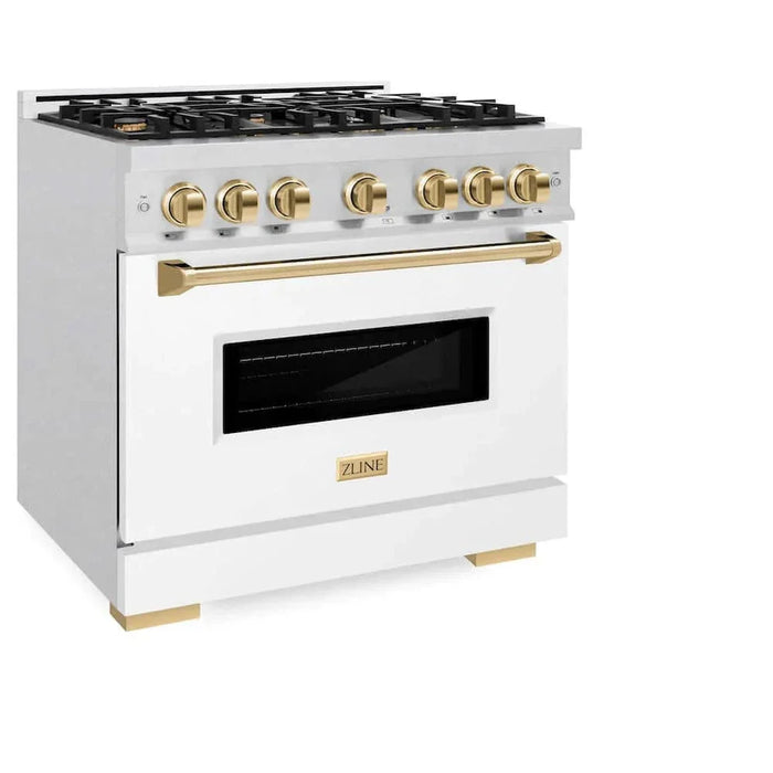 ZLINE 36" Dual Fuel Range, Gas Cooktop, Electric Convection Oven DuraSnow® Stainless Steel, White Matte Door Polished Gold CDRSZ-WM-36-G09K
