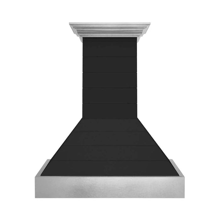 ZLINE Wooden Wall Mount Range Hood Rustic Shiplap Black Finish, Stainless Steel Accents 365CC-3009K