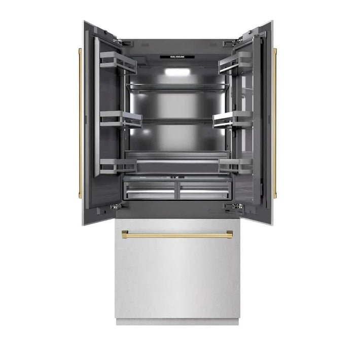 ZLINE 36" Built-In Bottom Freezer Refrigerator with Water Dispenser, Ice Maker, DuraSnow® Stainless Steel, Graphite Gray Interior, Polished Gold GRBIVZ-SN-36-G09K