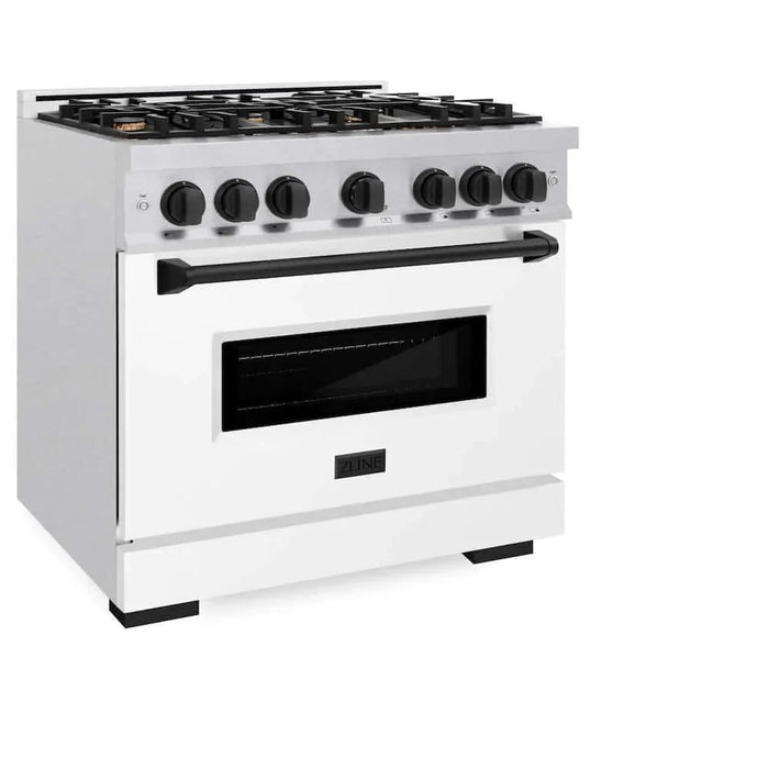 ZLINE 36" Dual Fuel Range, Gas Cooktop, Electric Convection Oven DuraSnow® Stainless Steel, White Matte Door Matte Black CDRSZ-WM-36-MB09K