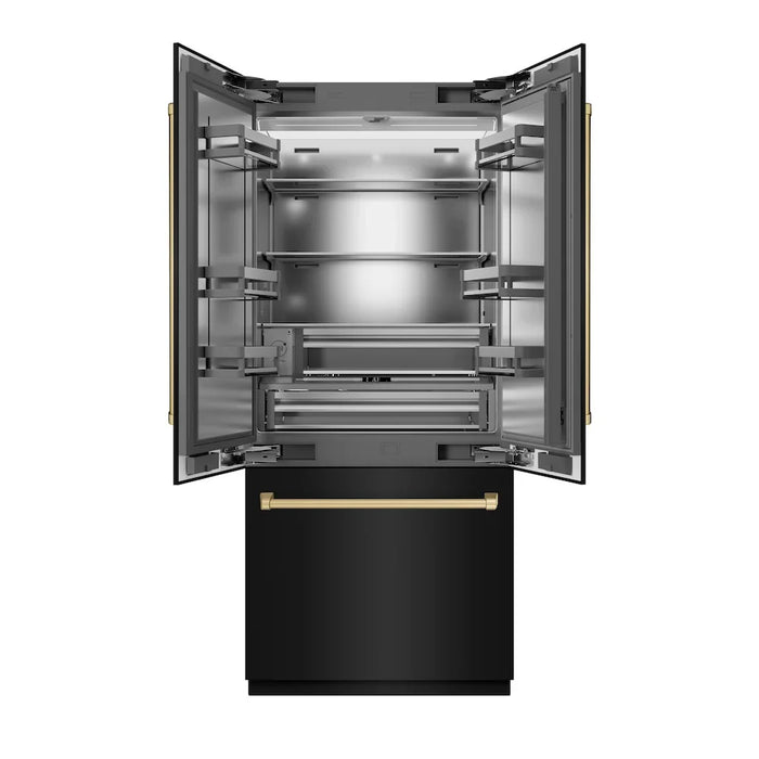 ZLINE 36" French Door Built-In Bottom Freezer Refrigerator, Water Dispenser, Ice Maker, Black Stainless Steel, Accents SRBIVZ-BS-36-CB09K