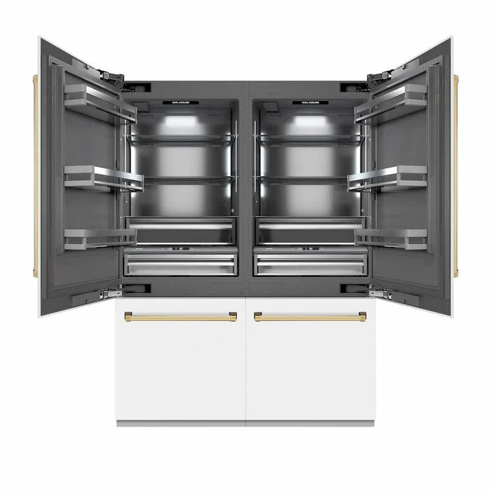 ZLINE 60" Built-In Bottom Freezer Refrigerator with Water Dispenser, Ice Maker, White Matte, Graphite Gray Interior, Polished Gold GRBIVZ-WM-60-G09K