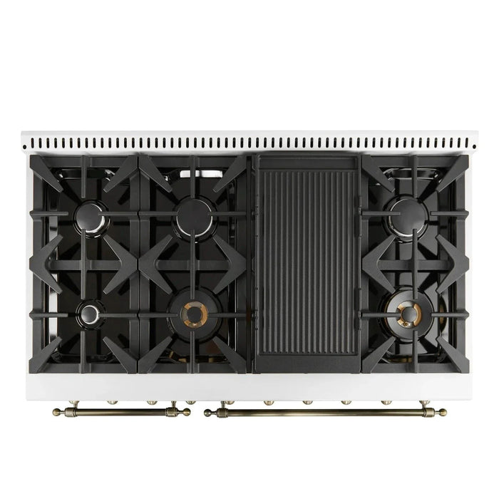 Forno Antico 48"Dual Range, 8 Gas Burner Cooktop, Electric Convection Oven White, Antique Brass Trim, FFSGS6113-48WHT09K