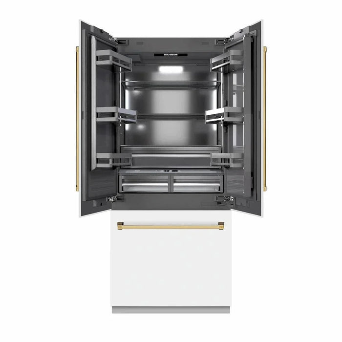 ZLINE 36" Built-In Bottom Freezer Refrigerator with Water Dispenser, Ice Maker, White Matte, Graphite Gray Interior, Polsihed Gold GRBIVZ-WM-36-G09K