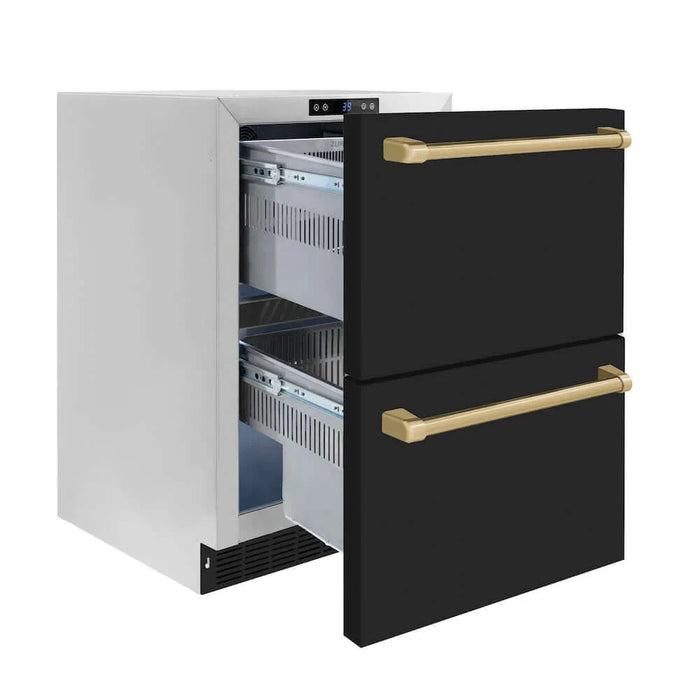 ZLINE Autograph Edition 24" Touchstone 168 Can Outdoor-Rated Dual Refrigerator Drawer, Black Matte Door, Accents  RDSOZ-BLM-24-CB09K