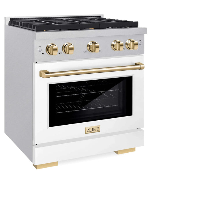 ZLINE 30"Paramount Dual Fuel Range DuraSnow® White Matte, Gold SDRSZ-WM-30-G09K