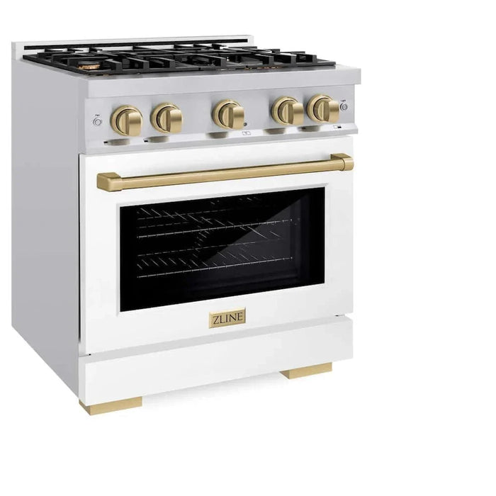 ZLINE 30" Select Dual Fuel Range Gas Cooktop Electric Convection Oven Stainless Steel White Matte Doors Champagne Bronze HDRZ-WM-30-CB09K