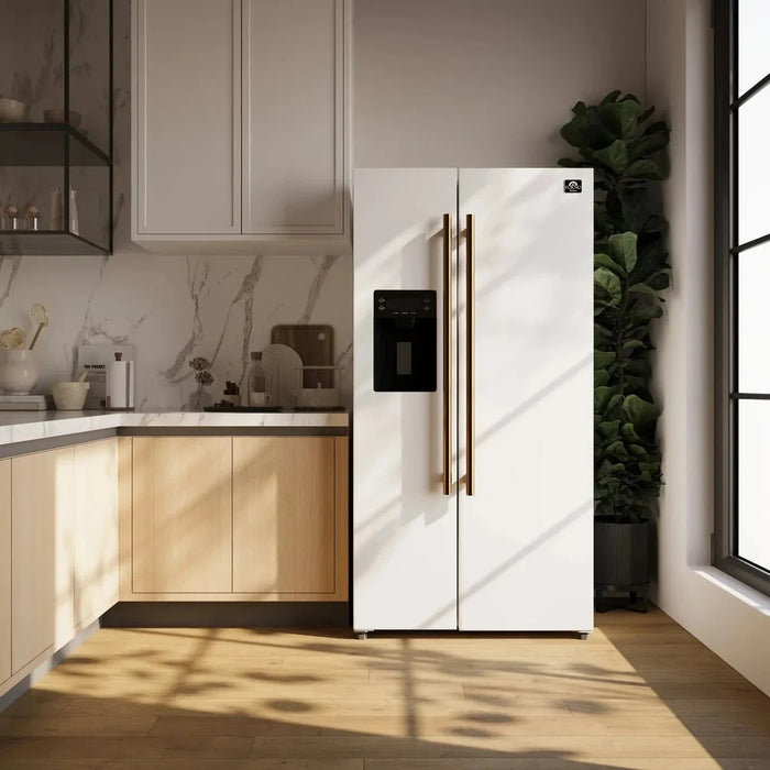 Forno Espresso Salerno 36"Side-by-Side Refrigerator, Water Dispenser, White with Antique Brass Handle FFRBI1844-36WHT09K