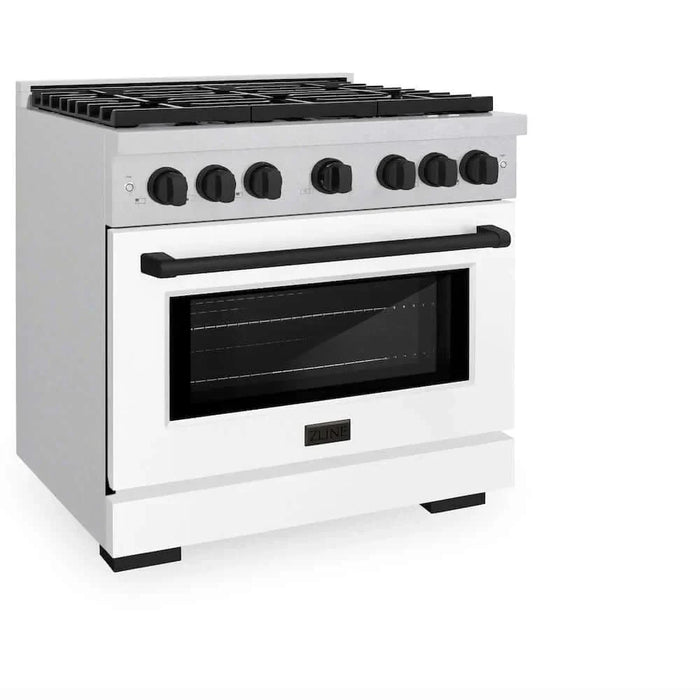 ZLINE 36"Gas Range, Convection Gas Oven, DuraSnow® White Matte, Matte Black SGRSZ-WM-36-MB09K