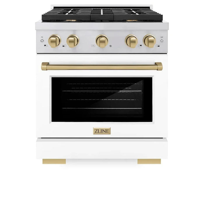 ZLINE 30"Paramount Dual Fuel Range White Matte Champagne Bronze SDRZ-WM-30-CB09K