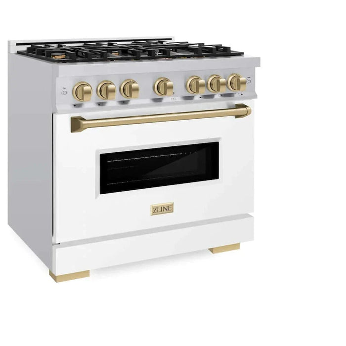 ZLINE 36" Classic Gas Range, Convection Gas Oven Stainless Steel, White Matte Door Champagne Bronze CGRZ-WM-36-CB09K