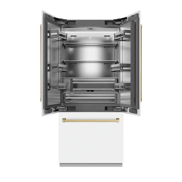 ZLINE 36" French Door Built-In Bottom Freezer Refrigerator, Water Dispenser, Ice Maker, White Matte, Stainless Steel, Accents SRBIVZ-WM-36-CB09K