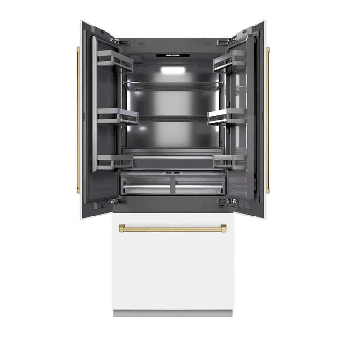 ZLINE 36" Built-In Bottom Freezer Refrigerator with Water Dispenser, Ice Maker, White Matte, Graphite Gray Interior, Champagne Bronze GRBIVZ-WM-36-CB09K