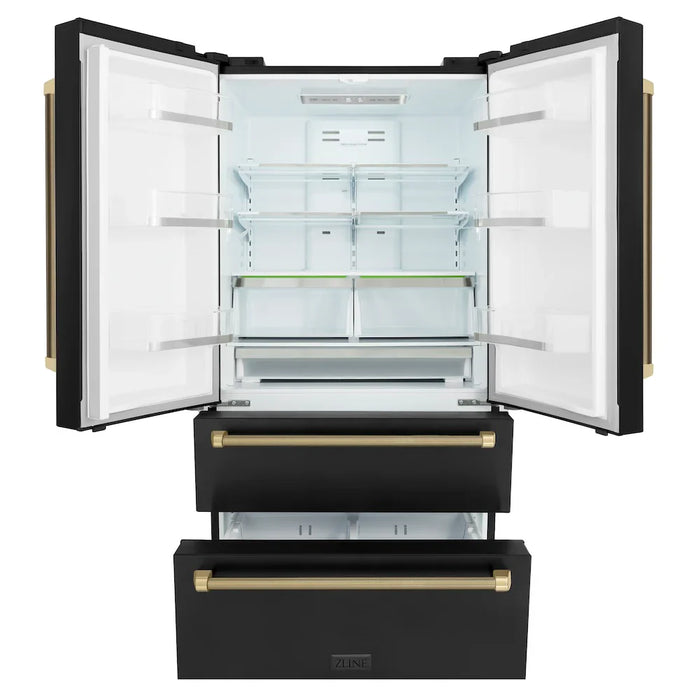 ZLINE Autograph Edition 36" Counter-Depth French Door Refrigerator, Ice Maker, Fingerprint-Resistant Black Stainless Steel, Helix Handles RFMZ-36-BS-KCB09K