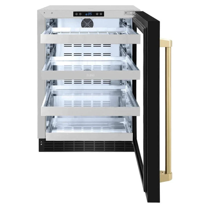 ZLINE 24" Touchstone 151 Can Beverage Fridge Black Stainless Steel Glass Door Champagne Bronze Handle RBSOZ-BS-24-CB09K