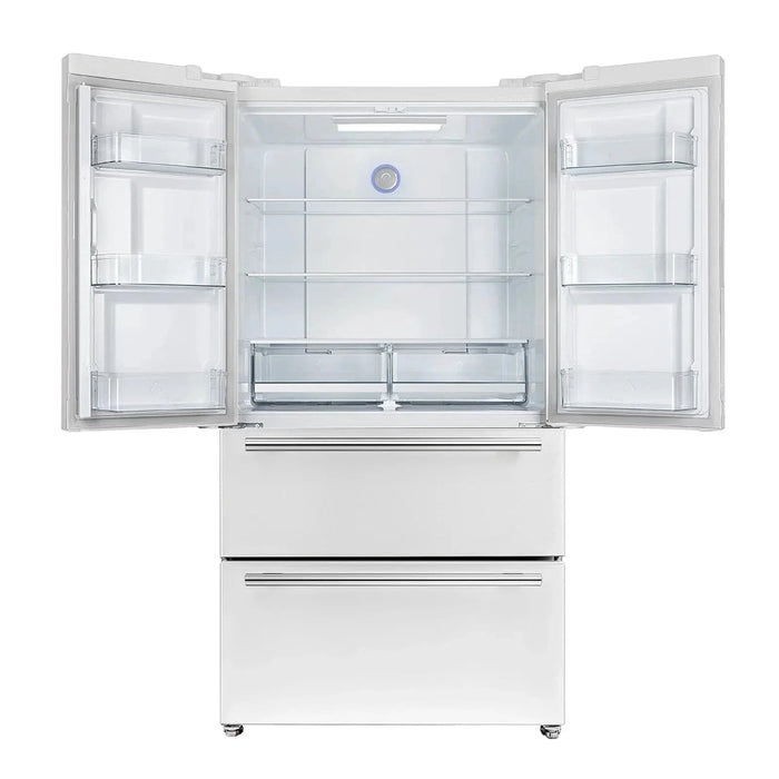 Forno Espresso Moena 36"French Door Refrigerator, White with Antique Brass Handle FFRBI1820-36WHT09K