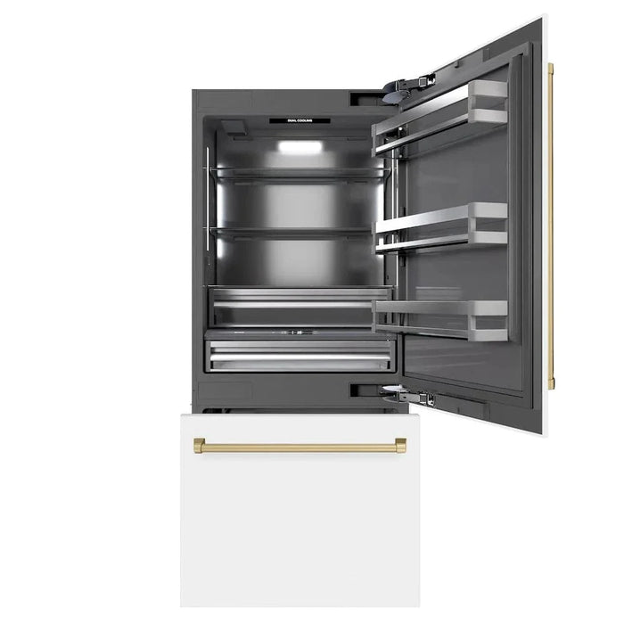 ZLINE 36" Built-In Bottom Freezer Refrigerator,Water Dispenser, Ice Maker, White Matte Graphite Gray Champagne Bronze GRBITZ-WM-36-CB09K