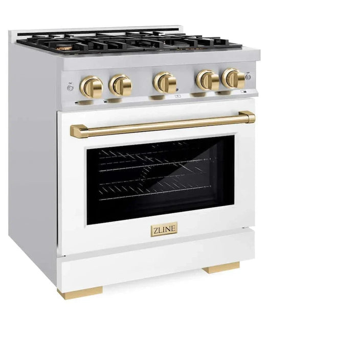 ZLINE 30" Select Dual Fuel Range Gas Cooktop Electric Convection Oven Stainless Steel White Matte Doors Polished Gold HDRZ-WM-30-G09K