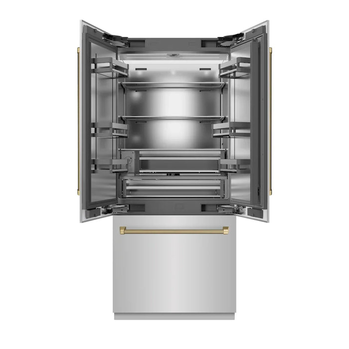 ZLINE Autograph Edition 36" French Door Built-In Bottom Freezer Refrigerator, Water Dispenser, Ice Maker, Stainless Steel, Stainless Steel Interior, Helix Handles SRBIVZ-30436KCB09K