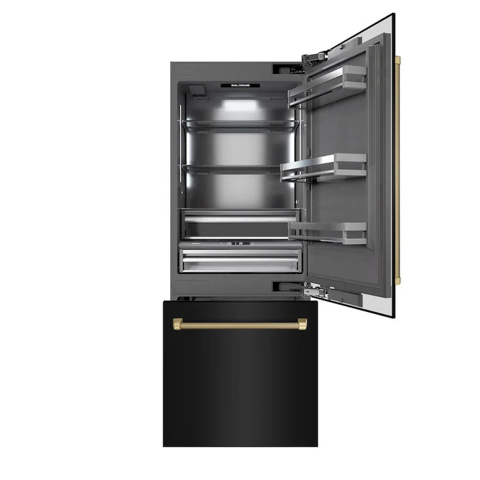 ZLINE Autograph Edition 30" Built-In Bottom Freezer Refrigerator, Water Dispenser, Ice Maker, Black Stainless Steel, Graphite Gray Interior,Helix Handles GRBIVZ-BS30KCB09K