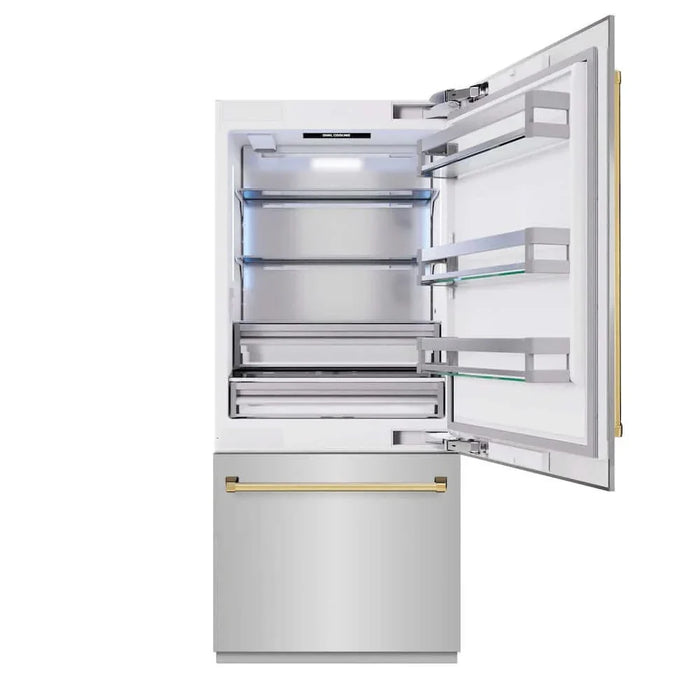 ZLINE 36" Built-In Bottom Freezer Refrigerator,Water Dispenser, Ice Maker, Polished Gold RBITZ-304-36G09K