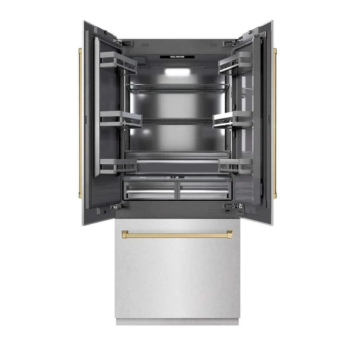 ZLINE 36" Built-In Bottom Freezer Refrigerator with Water Dispenser, Ice Maker, DuraSnow® Stainless Steel, Graphite Gray Interior, Champagne Bronze GRBIVZ-SN-36-CB09K