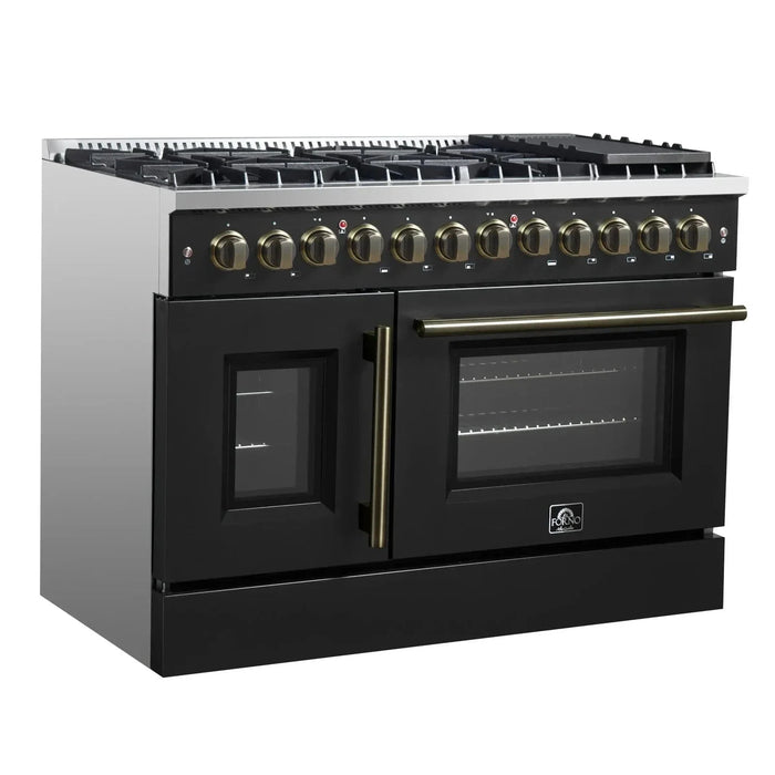 Forno Galiano 48" French Door Dual Fuel Range, 8 Burners, Electric Convection Oven, Black Antique Brass Trim, FFSGS6356-48BLK09K