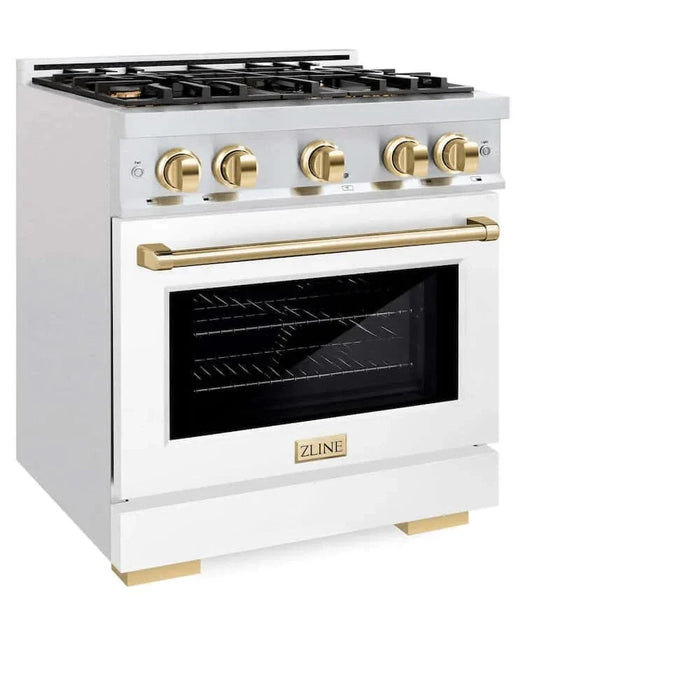 ZLINE 30" Select Gas Range Convection Gas Oven DuraSnow® Stainless Steel White Matte Door Polished Gold HGRSZ-WM-30-G09K