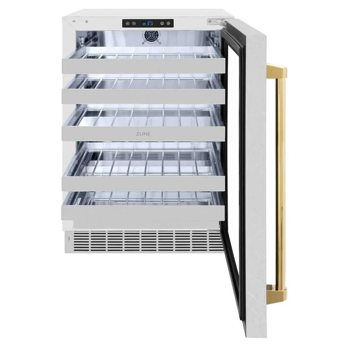 ZLINE 24" Touchstone Dual Zone 44 Bottle Wine Cooler DuraSnow® Stainless Steel Glass Door Polished Gold Handle RWDOZ-SN-24-G09K