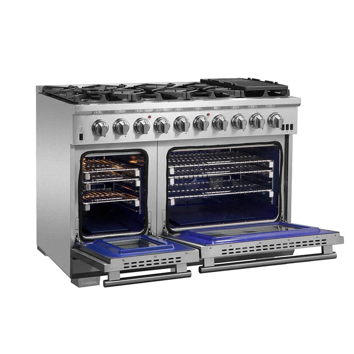 Forno Appliance Package - 48" Gas Range, Wall Mount Range Hood, 60" Refrigerator with Modern Grill Trim FBDL-019-07CAUS09K