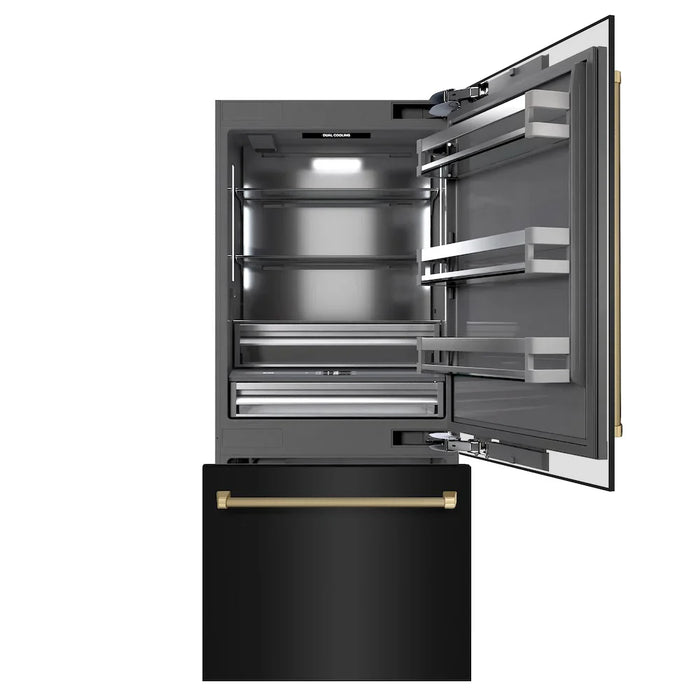 ZLINE Autograph Edition 36" Built-In Bottom Freezer Refrigerator, Water Dispenser, Ice Maker, Black Stainless Steel, Graphite Gray Interior,Helix Handles GRBITZ-BS36-KCB09K
