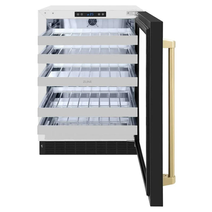ZLINE 24" Touchstone Dual Zone 44 Bottle Wine Cooler Black Matte Glass Door Champagne Bronze Handle RWDOZ-BLM-24-CB09K