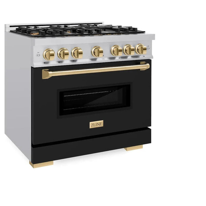 ZLINE 36" Dual Fuel Range, Gas Cooktop, Electric Convection Oven Stainless Steel, Black Matte Door Polished Gold CDRZ-BLM-36-G09K