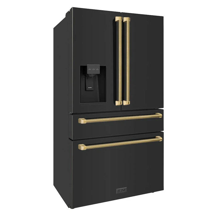 ZLINE Autograph Edition 36" Counter-Depth French Door Refrigerator, Water, Ice Maker, Fingerprint-Resistant Black Stainless Steel, Helix Handles RFMZ-W-36-BS-KG09K