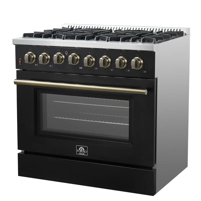 Forno Galiano Gold Professional - 36"Freestanding Dual Fuel Range Gas Stove, Electric Oven Black, Antique Brass Trim, FFSGS6156-36BLK09K