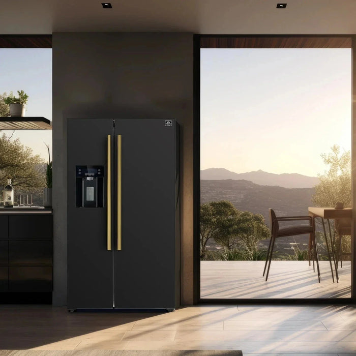 Forno Espresso Salerno 36"Side-by-Side Refrigerator, Water Dispenser, Black with Antique Brass Handle FFRBI1844-36BLK09K