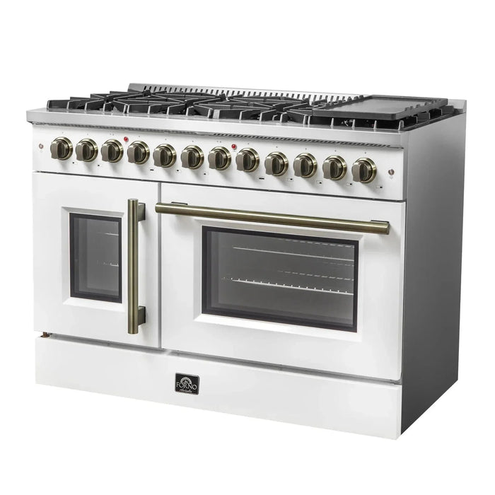 Forno Galiano 48" French Door Dual Fuel Range, 8 Burners, Electric Convection Oven, White Antique Brass Trim, FFSGS6356-48WHT09K